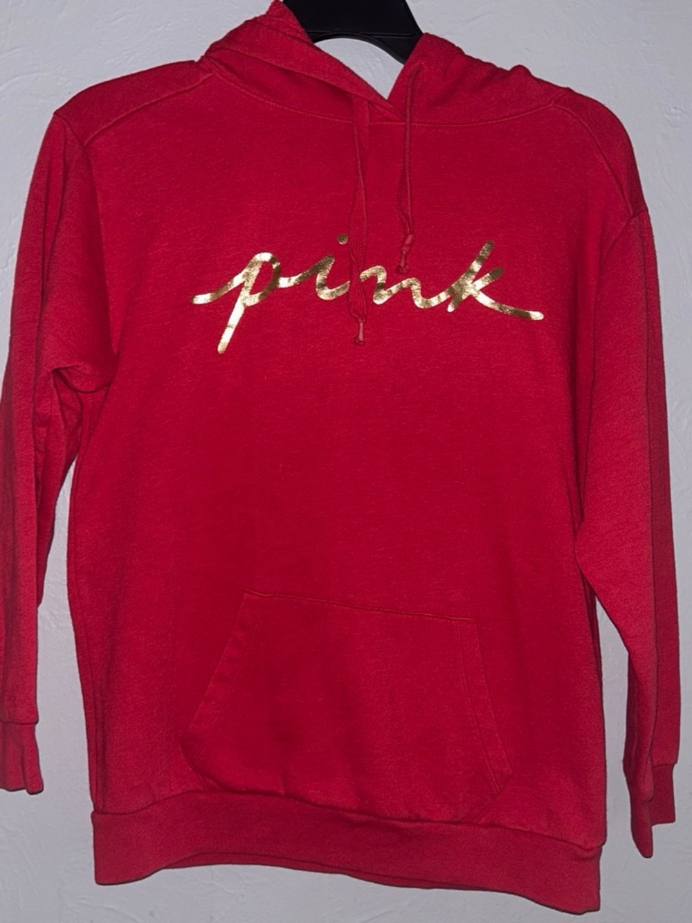 PINK Victoria's Secret Red Hoodie with Gold Script Logo